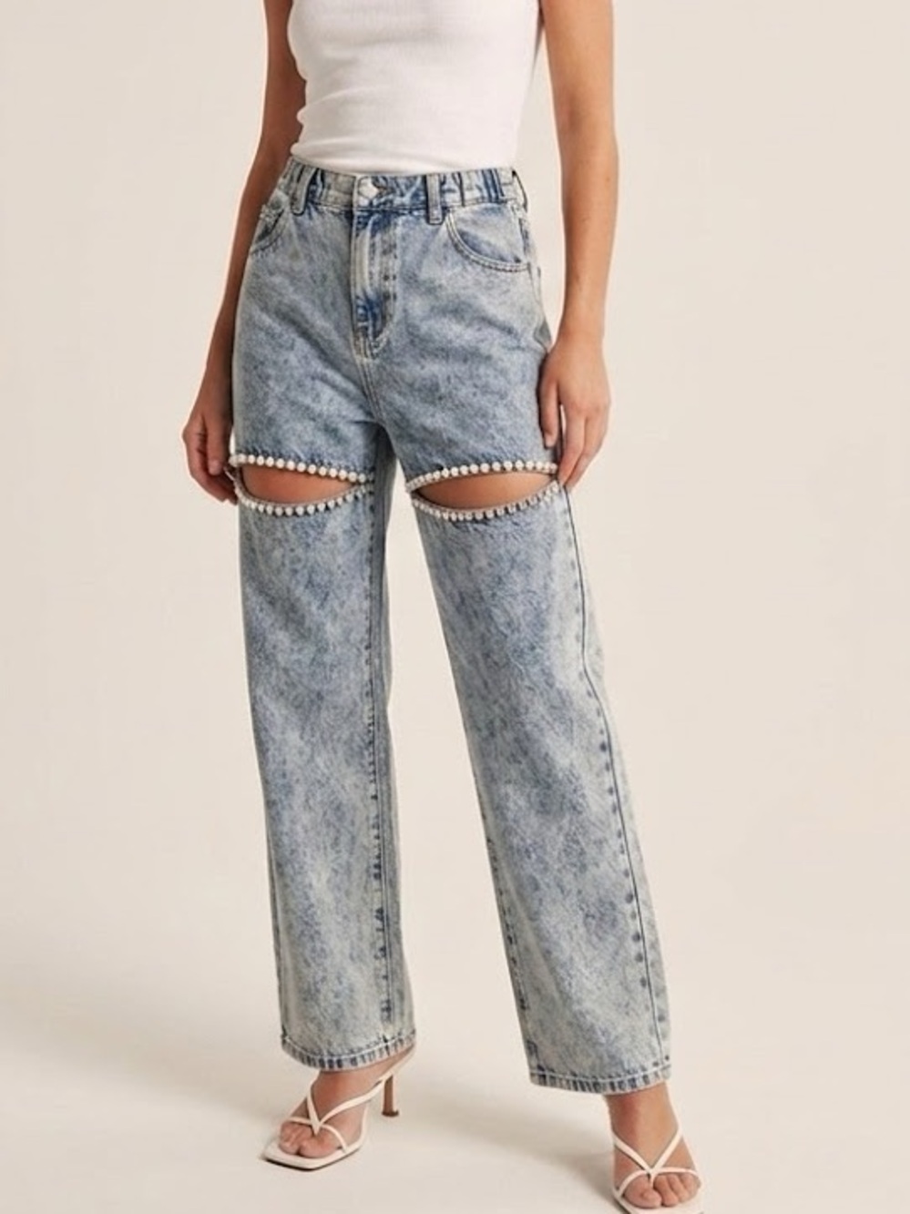 Embellished Pearl & Rhinestone Cut-Out Straight Leg Jeans Acid Wash Blue Medium